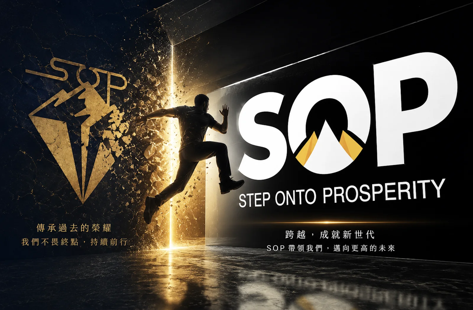 SOP 品牌主視覺：一位男子躍過金色裂牆，左側是傳承的舊版 SOP 徽章與「傳承過去的榮耀，我們不畏終點，持續前行」，右側是 SOP STEP ONTO PROSPERITY 標誌與「跨越，成就新世代；SOP 帶領我們，邁向更高的未來」